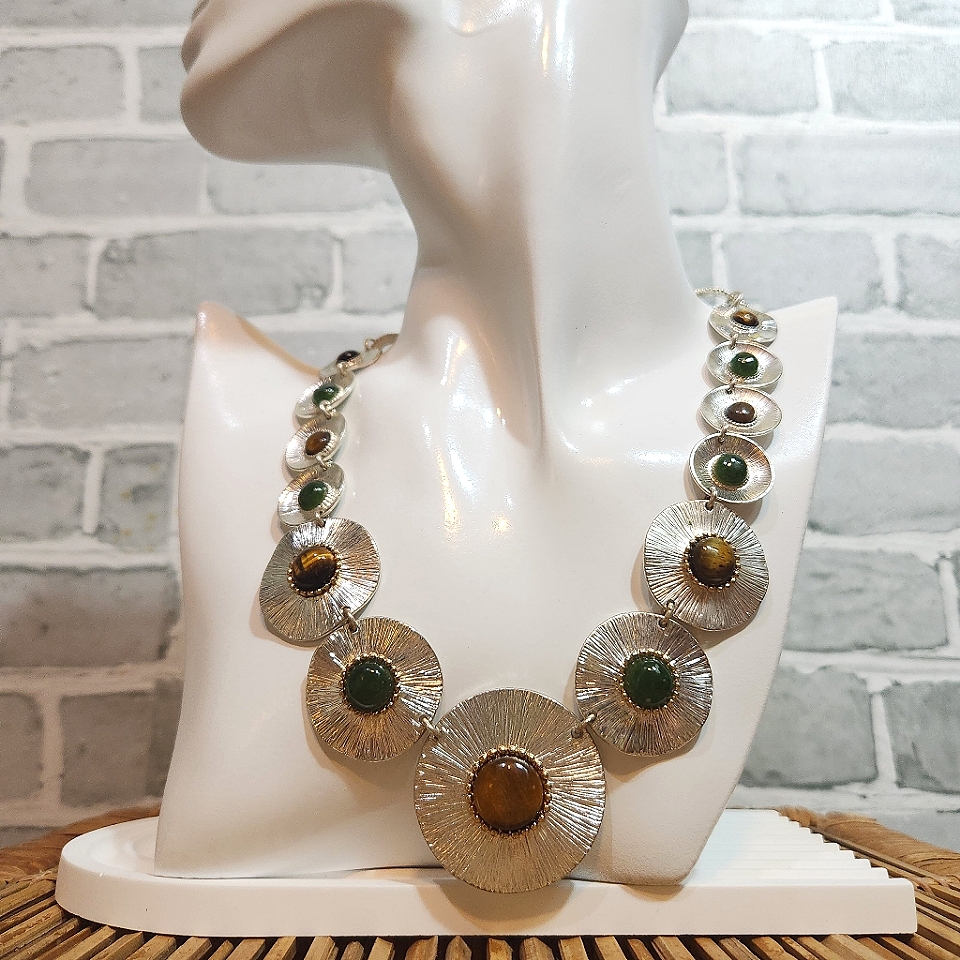 Etienne Aigner Stamped Silver Tone Gemstone Concho Necklace 18" Tigers Eye Jade